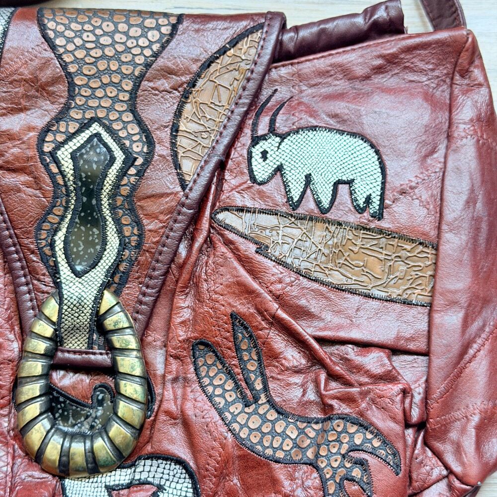 Vintage Genuine Leather Patchwork Snake Crossbody Bag Boho Safari Animal Purse - Picture 11 of 13